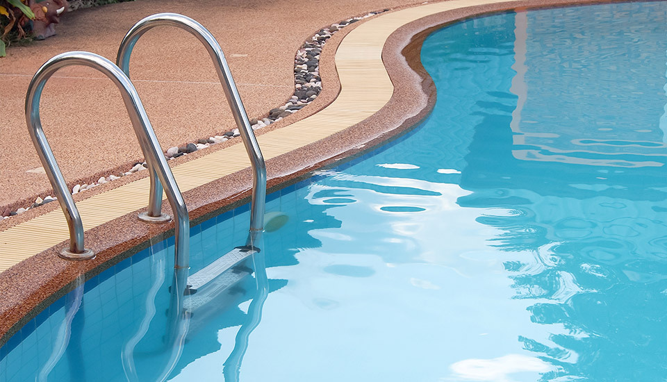 A swimming pool with a curved brown tile edge and a metal ladder leading into clear, light-blue water.